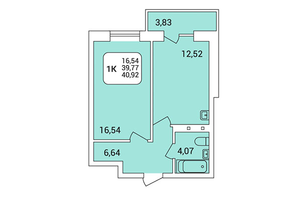 1-комнатная квартира 40,92 м² в Дом на Федосеева. Планировка