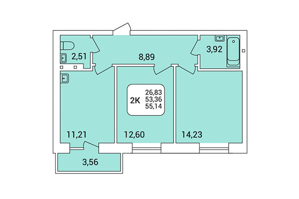 2-комнатная квартира 55,14 м² в Дом на Федосеева. Планировка