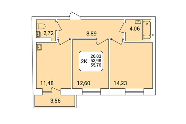 2-комнатная квартира 55,76 м² в Дом на Федосеева. Планировка