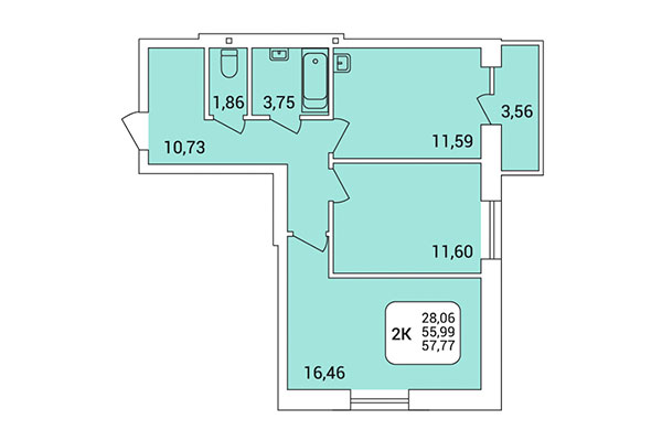 2-комнатная квартира 57,77 м² в Дом на Федосеева. Планировка