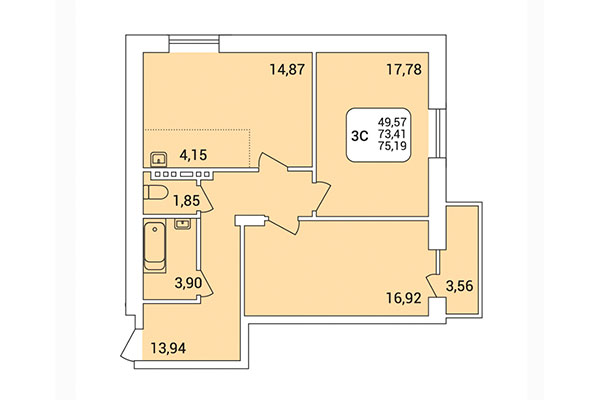 3-комнатная квартира 75,19 м² в Дом на Федосеева. Планировка