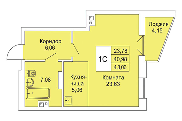 Студия 43,06 м² в Расцветай на Гоголя. Планировка