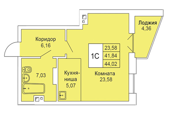Студия 44,02 м² в Расцветай на Гоголя. Планировка
