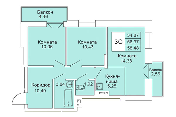 3-комнатная квартира 58,48 м² в Расцветай на Гоголя. Планировка