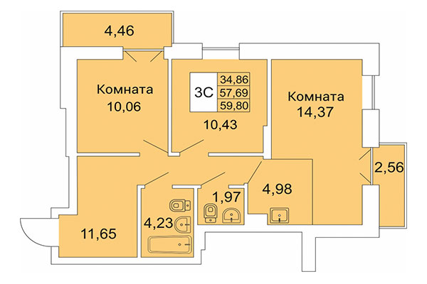 3-комнатная квартира 59,80 м² в Расцветай на Гоголя. Планировка