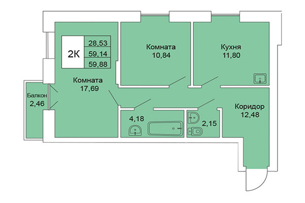 2-комнатная квартира 59,88 м² в Расцветай на Гоголя. Планировка