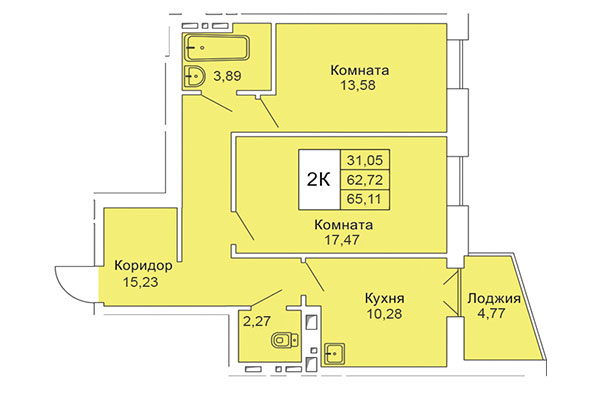 2-комнатная квартира 65,11 м² в Расцветай на Гоголя. Планировка