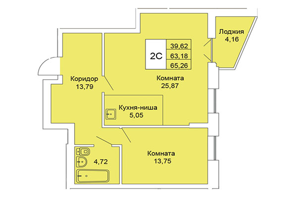 2-комнатная квартира 65,26 м² в Расцветай на Гоголя. Планировка