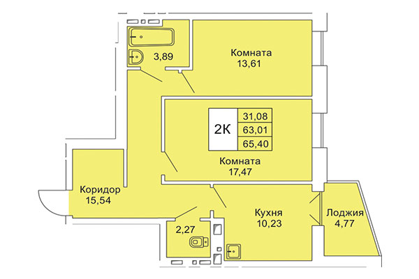 2-комнатная квартира 65,40 м² в Расцветай на Гоголя. Планировка