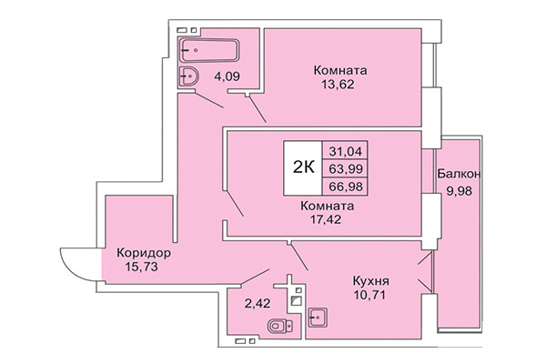 2-комнатная квартира 66,98 м² в Расцветай на Гоголя. Планировка