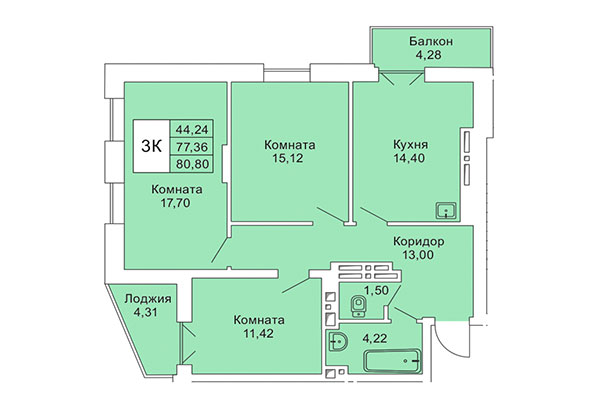 3-комнатная квартира 80,80 м² в Расцветай на Гоголя. Планировка