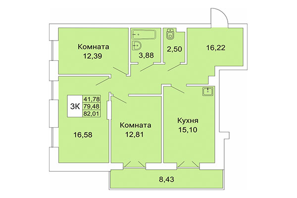 3-комнатная квартира 82,01 м² в Расцветай на Гоголя. Планировка