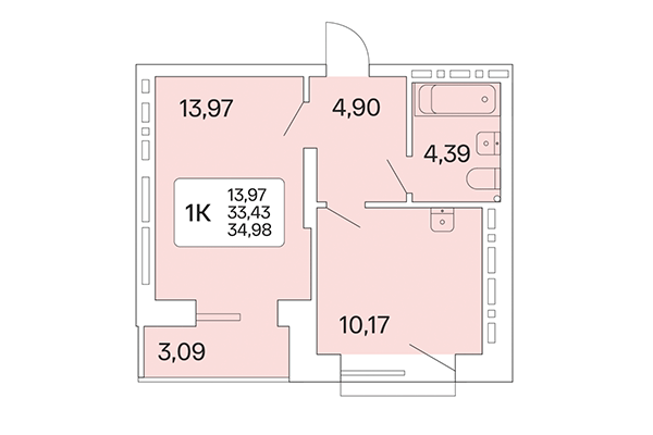 1-комнатная квартира 34,98 м² в Расцветай на Красном. Планировка