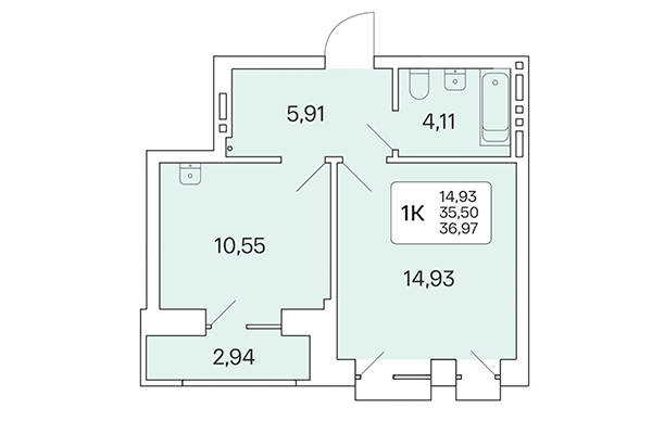 1-комнатная квартира 36,79 м² в Расцветай на Красном. Планировка