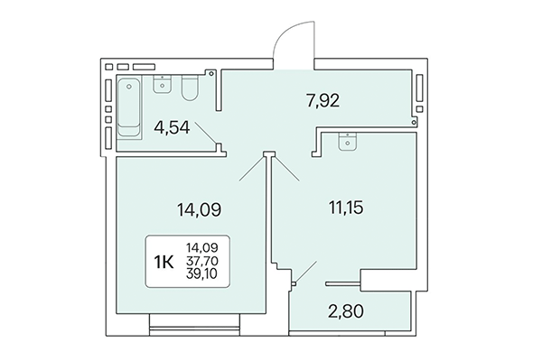 1-комнатная квартира 39,10 м² в Расцветай на Красном. Планировка