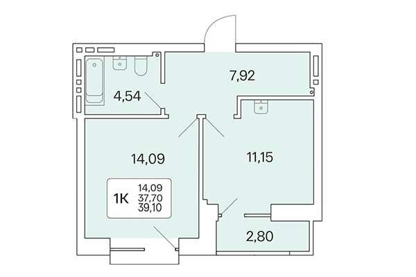 1-комнатная квартира 39,11 м² в Расцветай на Красном. Планировка