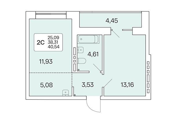 2-комнатная квартира 40,54 м² в Расцветай на Красном. Планировка
