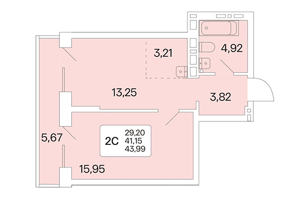 2-комнатная квартира 43,99 м² в Расцветай на Красном. Планировка