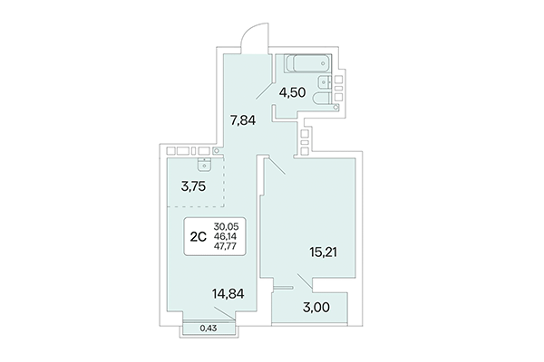 2-комнатная квартира 47,77 м² в Расцветай на Красном. Планировка