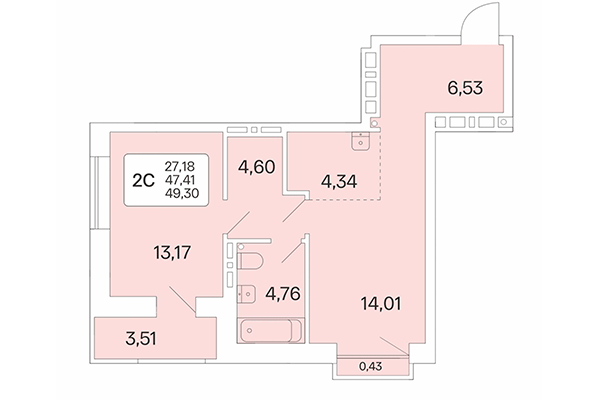 2-комнатная квартира 49,30 м² в Расцветай на Красном. Планировка