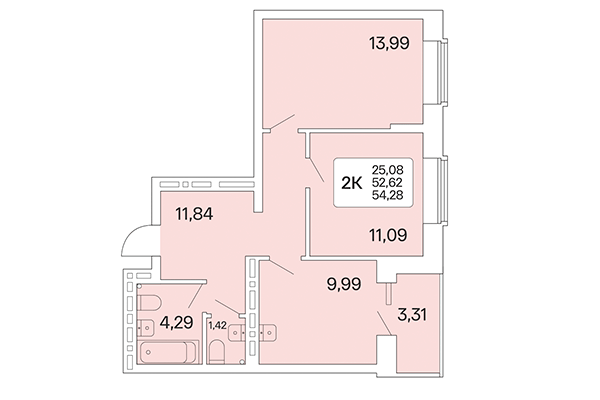 2-комнатная квартира 54,28 м² в Расцветай на Красном. Планировка