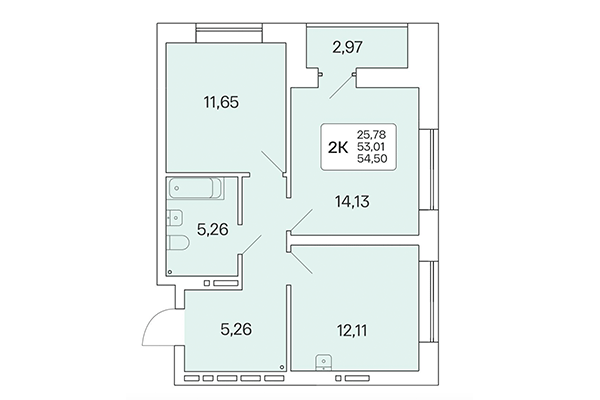 2-комнатная квартира 54,50 м² в Расцветай на Красном. Планировка