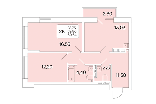 2-комнатная квартира 60,64 м² в Расцветай на Красном. Планировка