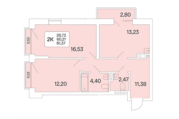 2-комнатная квартира 61,37 м² в Расцветай на Красном. Планировка