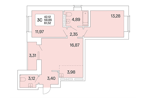 3-комнатная квартира 61,52 м² в Расцветай на Красном. Планировка