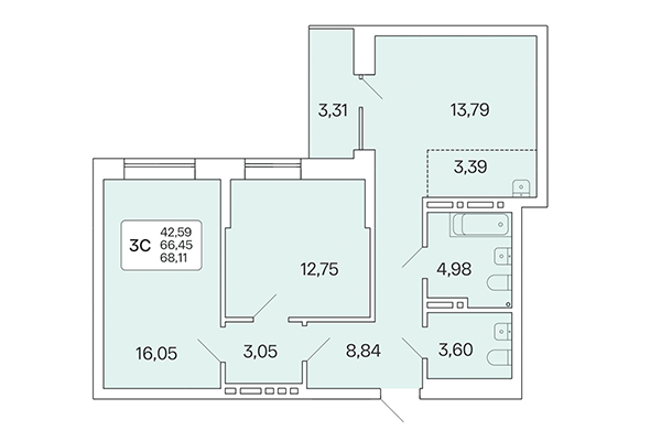 3-комнатная квартира 68,13 м² в Расцветай на Красном. Планировка