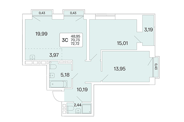 3-комнатная квартира 72,72 м² в Расцветай на Красном. Планировка