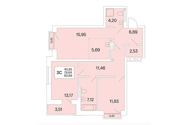 3-комнатная квартира 80,66 м² в Расцветай на Красном. Планировка