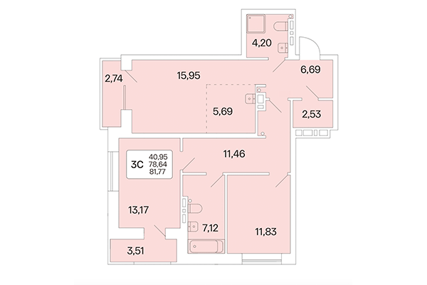 3-комнатная квартира 81,77 м² в Расцветай на Красном. Планировка