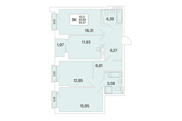 3-комнатная квартира 84,70 м² в Расцветай на Красном. Планировка