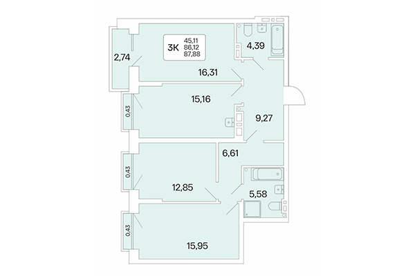 3-комнатная квартира 87,88 м² в Расцветай на Красном. Планировка