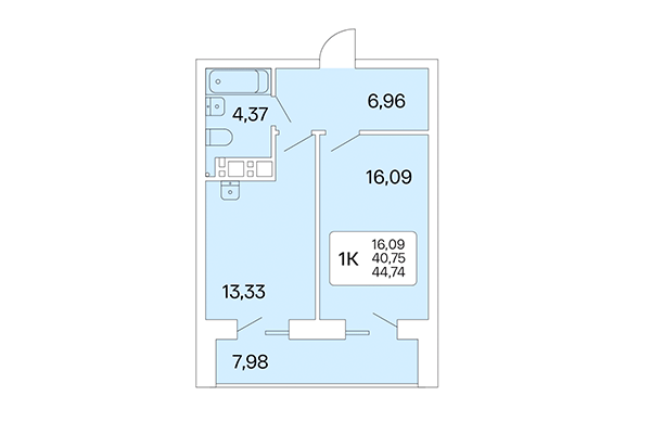 1-комнатная квартира 44,74 м² в Расцветай на Маркса. Планировка