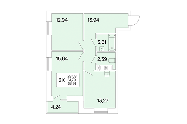2-комнатная квартира 63,91 м² в Расцветай на Маркса. Планировка
