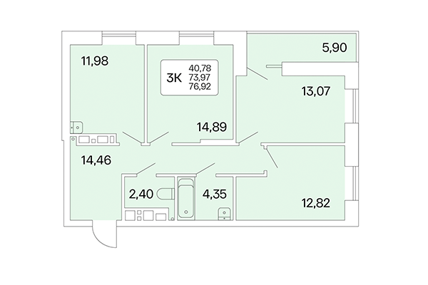 3-комнатная квартира 76,92 м² в Расцветай на Маркса. Планировка