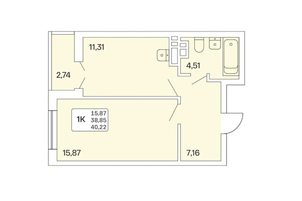 1-комнатная квартира 40,22 м² в Расцветай на Обской. Планировка
