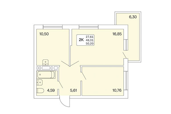 2-комнатная квартира 50,20 м² в Расцветай на Обской. Планировка