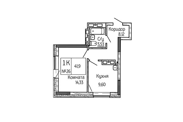 1-комнатная квартира 41,90 м² в Сакура Парк. Планировка