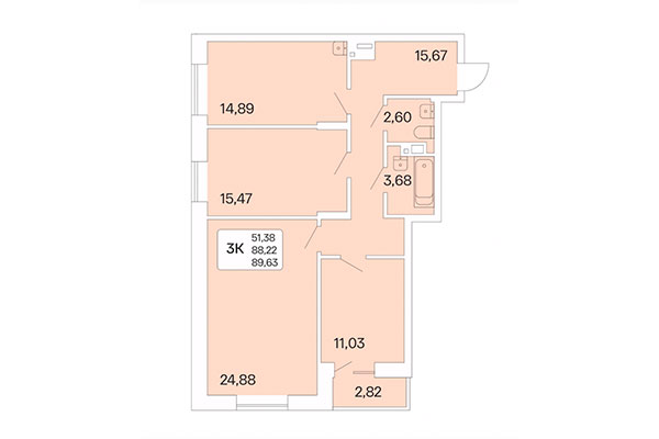 3-комнатная квартира 89,63 м² в Дом на Шамшиных. Планировка