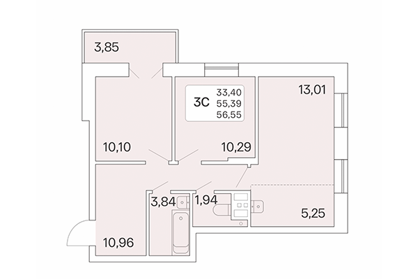 3-комнатная квартира 56,55 м² в Расцветай на Ядринцевской. Планировка