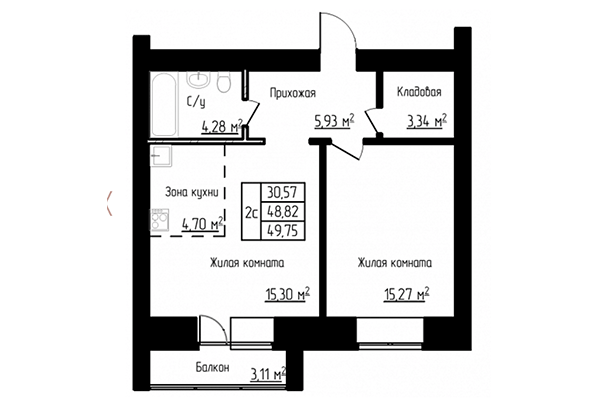 2-комнатная квартира 49,75 м² в ЖК Енисей. Планировка