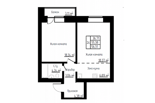 2-комнатная квартира 56,31 м² в ЖК Енисей. Планировка