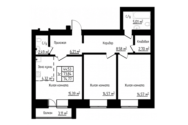 3-комнатная квартира 74,77 м² в ЖК Енисей. Планировка
