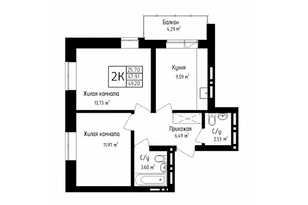 2-комнатная квартира 47,91 м² в ЖК Высота. Планировка