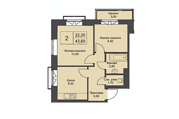 2-комнатная квартира 43,60 м² в ЖК Эволюция. Планировка