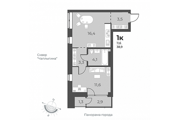 1-комнатная квартира 38,90 м² в ЖК Нормандия-Неман. Планировка