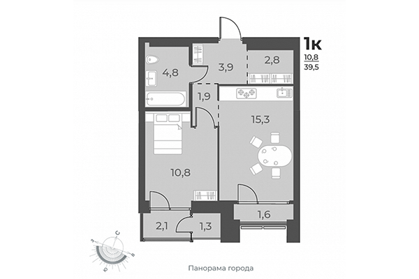 1-комнатная квартира 39,50 м² в ЖК Нормандия-Неман. Планировка